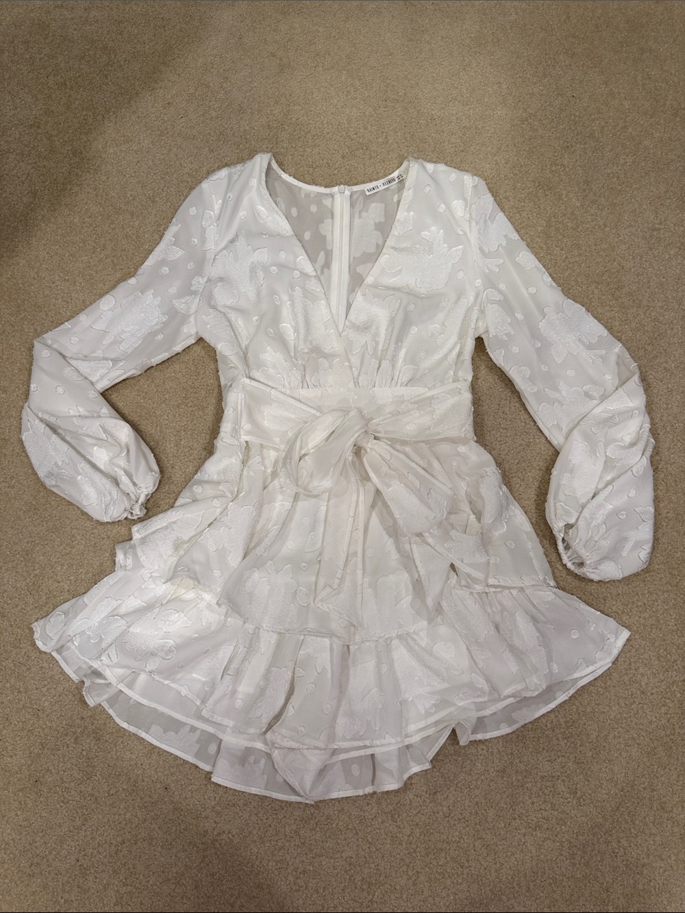 White Textured Long Sleeve Ruffle Romper